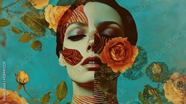Fototapeta Surreal Woman Portrait with Roses and Intricate Textures