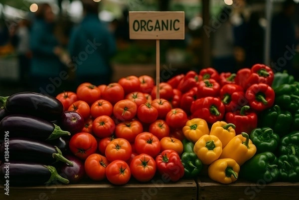 Fototapeta Fresh Organic Produce Display: A vibrant array of fresh, organic vegetables are artfully arranged at a farmers market, showcasing healthy eating choices and promoting sustainable food sourcing.