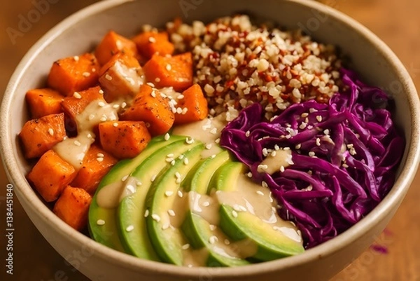 Fototapeta Colorful Vegan Bowl: A visually appealing bowl featuring a harmonious blend of vibrant ingredients including roasted sweet potato cubes, fluffy quinoa, sliced avocado, and shredded purple cabbage.