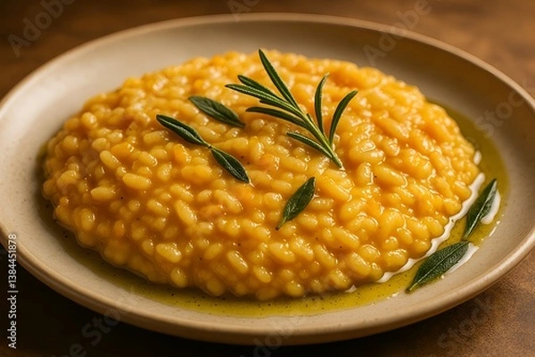 Fototapeta Golden Risotto Delight: A close-up view of a creamy, golden risotto, garnished with fresh herbs, beautifully presented on a rustic plate.