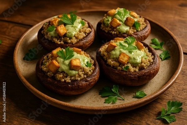 Fototapeta Delectable Mushroom Delight: Close-up shot of four portobello mushrooms expertly stuffed with quinoa, tofu, and cilantro cream on a rustic plate, ready to eat.