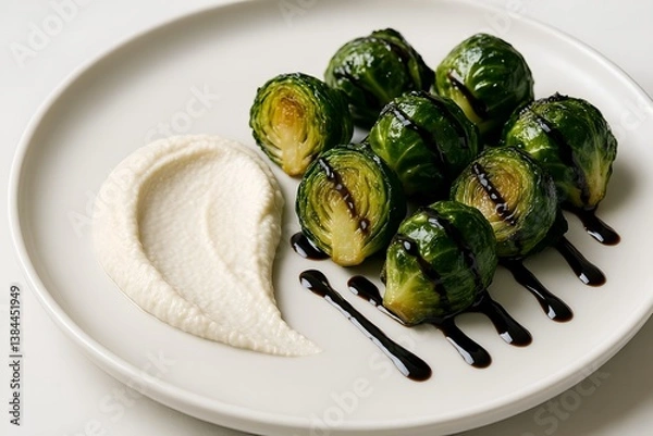 Fototapeta Brussels Sprouts with Balsamic Glaze: A culinary composition of roasted Brussels sprouts drizzled with a rich balsamic glaze, artfully arranged with creamy accompaniment on a pristine plate.