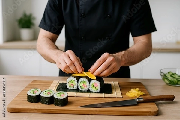 Fototapeta Art of sushi: A chef expertly prepares a vibrant sushi roll, meticulously placing ingredients on the carefully crafted creation, highlighting the fresh and aesthetic elements.