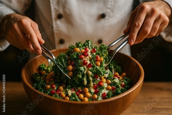 Fototapeta Culinary Craft: A chef expertly tosses a vibrant salad, showcasing fresh ingredients in a beautifully crafted wooden bowl, inviting the viewer to a healthy and delightful meal.