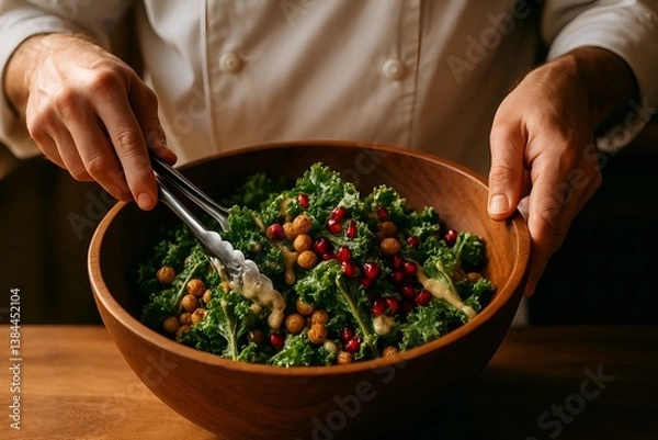 Fototapeta Chef's Salad Creation: A chef meticulously prepares a vibrant salad in a wooden bowl, showcasing fresh ingredients like kale, chickpeas, and pomegranate seeds.