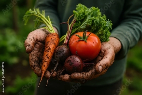 Fototapeta Harvest Bounty: a close-up shot of a farmer's hands holding freshly harvested vegetables, showcasing nature's vibrant colors and the fruits of labor. 