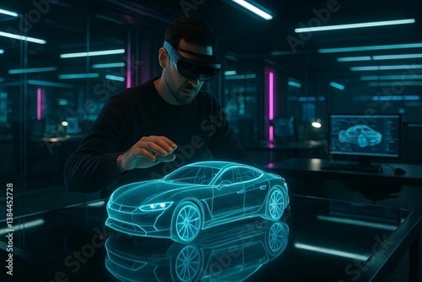 Fototapeta Visionary Car Design: A person wearing VR glasses, intensely focused on interacting with a holographic car model in a cutting-edge futuristic workshop, signifying innovation.