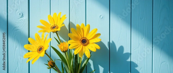 Fototapeta Yellow Flowers Against a Blue Wooden Fence: A Breath of Spring and Fresh Countryside Charm. advertisement, banner, card,copy text space. Generated by AI.