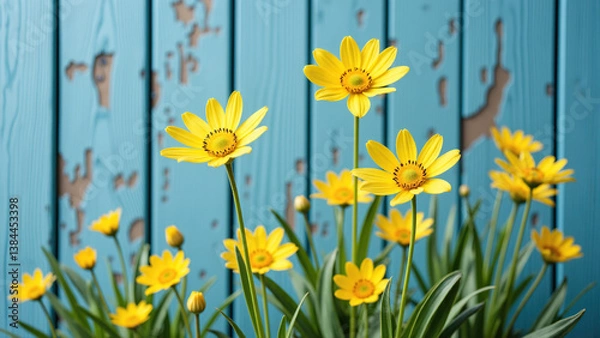 Fototapeta Yellow Flowers Against a Blue Wooden Fence: A Breath of Spring and Fresh Countryside Charm. advertisement, banner, card,copy text space. Generated by AI.