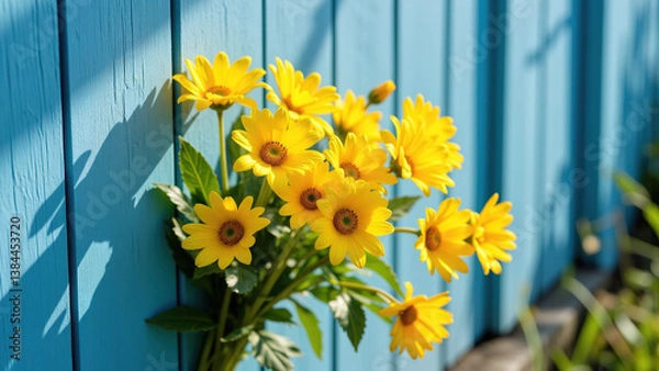 Fototapeta Yellow Flowers Against a Blue Wooden Fence: A Breath of Spring and Fresh Countryside Charm. advertisement, banner, card,copy text space. Generated by AI.