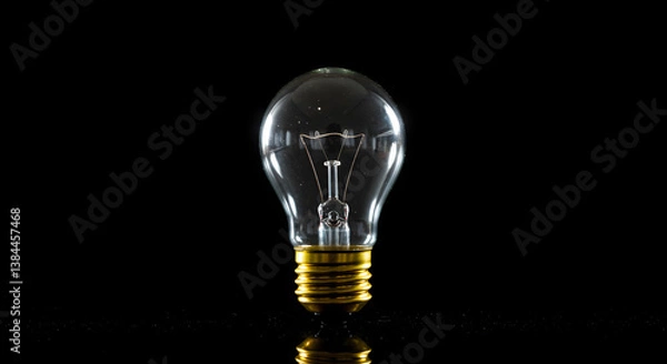 Fototapeta Illuminated Clear Glass Lightbulb with Glowing Filament on a Reflective Black Surface
