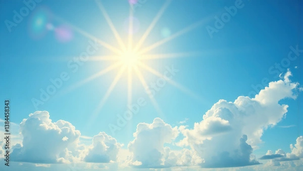 Fototapeta Bright Sun Illuminates the Sky Under Blue Heavens: A Panoramic View of Clear Weather. advertisement, banner, card,copy text space. Generated by AI.