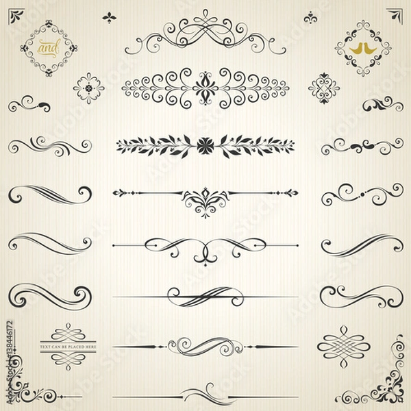 Fototapeta Vector set of ornate calligraphic vintage elements, dividers and page decorations.