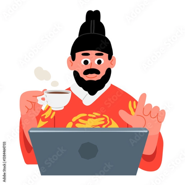 Obraz King Sejong the Great character holding coffee and looking at a laptop