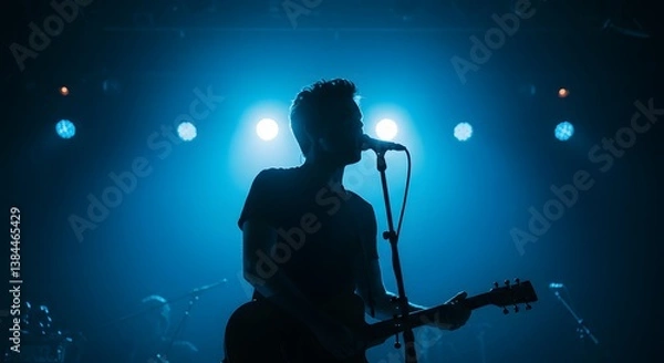 Fototapeta Silhouette of a musician singing into a microphone and playing guitar on stage with blue spotlights creating a dramatic effect.