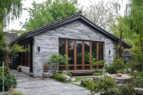 Obraz Beautiful traditional gray brick house surrounded by lush greenery in a serene garden setting during the early morning light