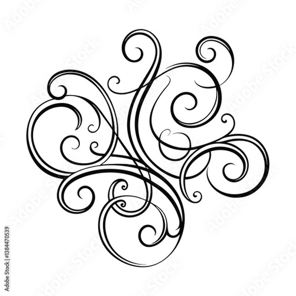 Fototapeta Abstract floral design element featuring ornate black swirls and leaf silhouettes in a vintage vector pattern