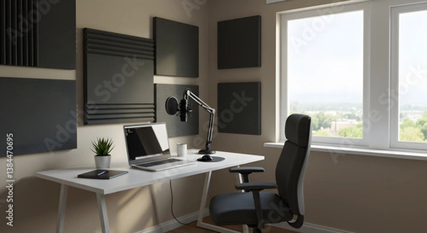 Fototapeta Modern Home Office Setup with Acoustic Panels and Studio Microphone