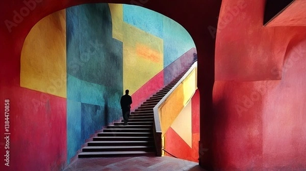 Fototapeta Colorful Architecture: A Man Ascends a Vibrant Staircase