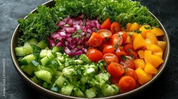 Fototapeta Fresh vegetable salad ingredients in a bowl, vibrant and neatly arranged. Healthy eating with natural ingredients.