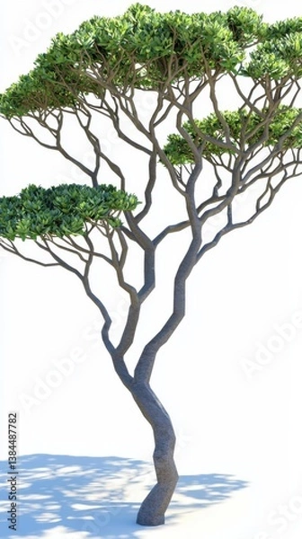 Fototapeta A stunning low poly 3D rende of a majestic Monkey Pod tree showcases its intricate branching structure and lush green canopy against a pristine white background.