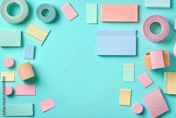 Fototapeta Pastel Stationery Items with Sticky Notes and Tape on Teal Background for Back to School Concept