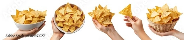 Fototapeta Set of hand holding Tortilla corn nacho Chips, in basket, white bowl, pile stack isolated on transparent cutout PNG. Mockup template for artwork design