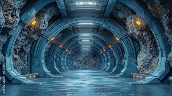 Fototapeta A realistic 3D rendering of a futuristic, grungy underground concrete hangar tunnel garage 