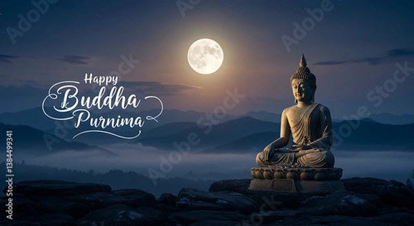 Obraz Serene Buddha Statue at Sunset Happy Buddha Purnima Mountainscape