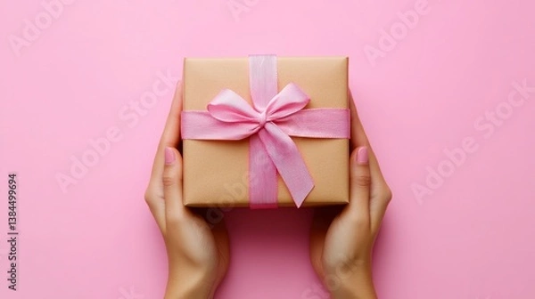 Obraz Close-up of hand holding ribbon-tied gift box on solid background, studio setup, photorealistic, 2/3 frame for text. High-resolution.