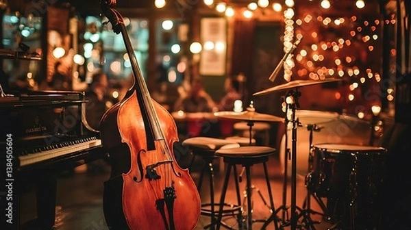 Fototapeta Double Bass in Dimly Lit Jazz Club at Night