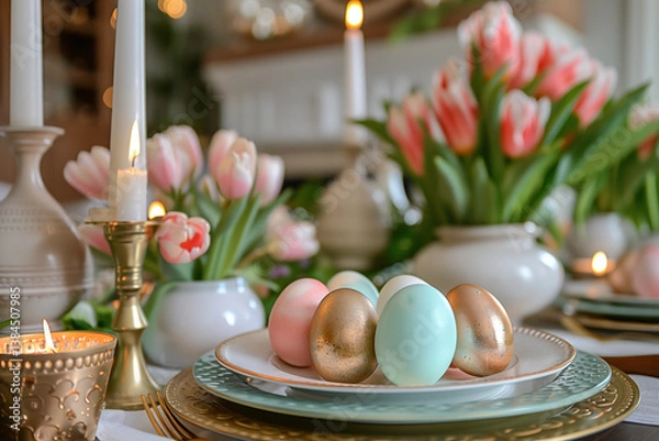 Fototapeta easter still life, Elegant Easter brunch table with pastel eggs, tulips, candles, and gold accents in soft lighting.
