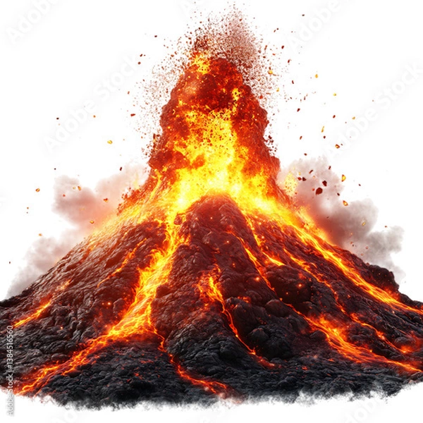 Fototapeta A Fiery Volcano Eruption with Red Hot Lava Flowing Isolated on Transparent Background