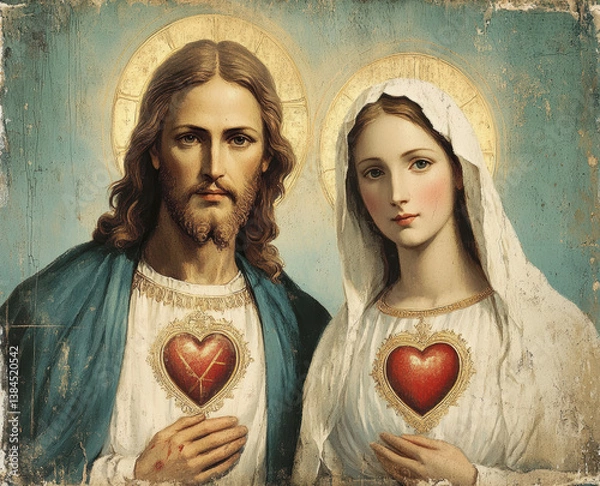 Fototapeta Jesus and Mary with sacred hearts on their chests. AI generative.