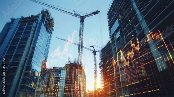 Fototapeta Construction workers and cranes at a modern building site during sunset in an urban landscape