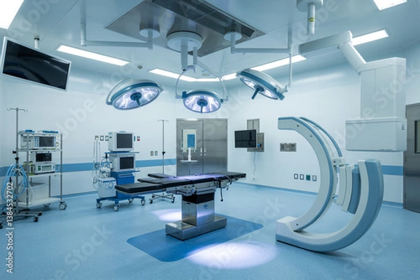 Fototapeta A modern, sterile operating room with bright blue-tinted lighting. The room contains a large black surgical table in the center with multiple adjustable sections