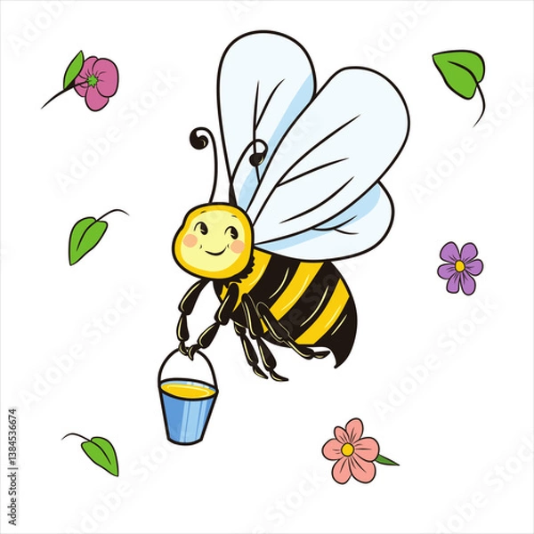 Fototapeta Drawing in a children's style. Cartoon bee carrying honey. Element for creating compositions.

