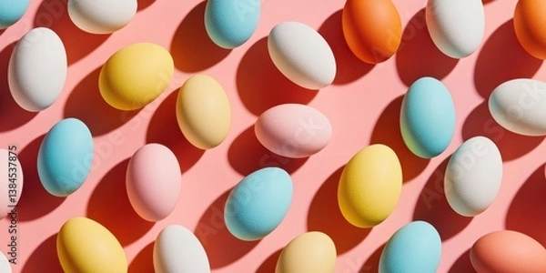 Fototapeta Various colored eggs are scattered on a pastel pink background