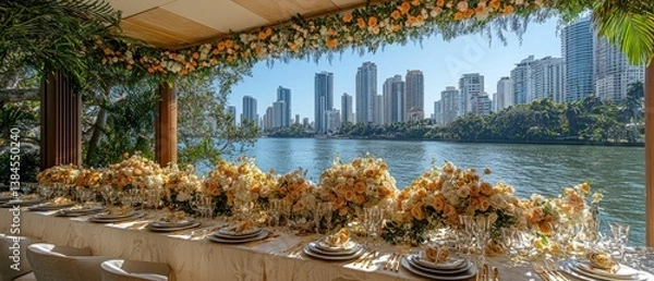 Fototapeta Elegant table setting overlooks water city skyline.