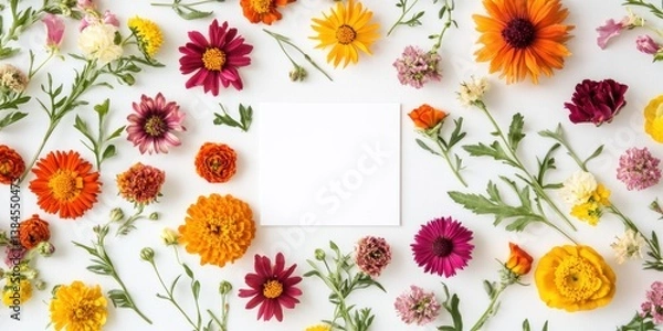 Fototapeta Assorted Colorful Flowers Arranged on a White Background with a Blank Card