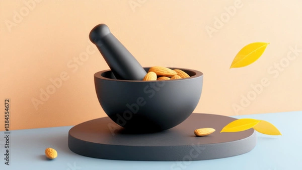 Obraz stylish mortar and pestle with almonds sits on round platform, perfect for plant based recipes and culinary creativity