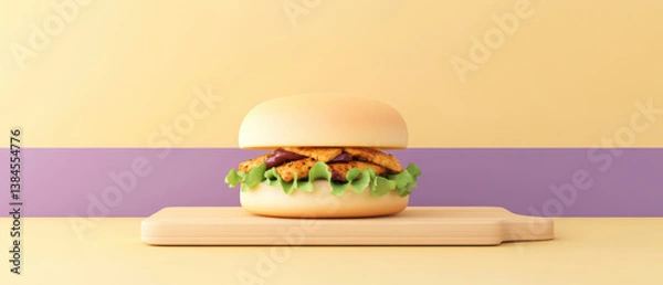 Obraz delicious plant based burger featuring grilled chicken, fresh lettuce, and savory sauces, perfect for healthy recipes