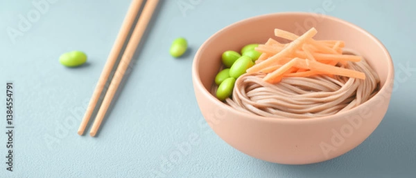 Obraz Savor delicious plant based recipes featuring noodles topped with fresh edamame and crunchy vegetables for healthy meal option