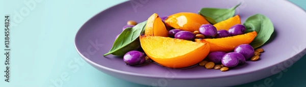 Obraz Fresh plant based recipes feature delicious fruits like peaches and grapes, creating delightful and healthy dish