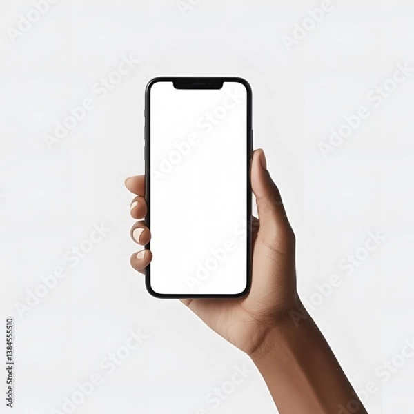 Fototapeta Front view of Hand holding smartphone mockup, blank white screen, modern device, minimalist, isolated on white background