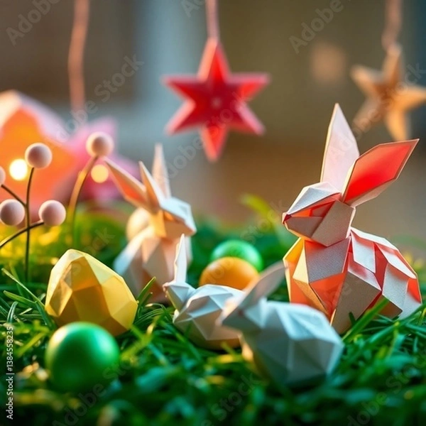 Obraz colorful easter eggs on the grass with rabbits