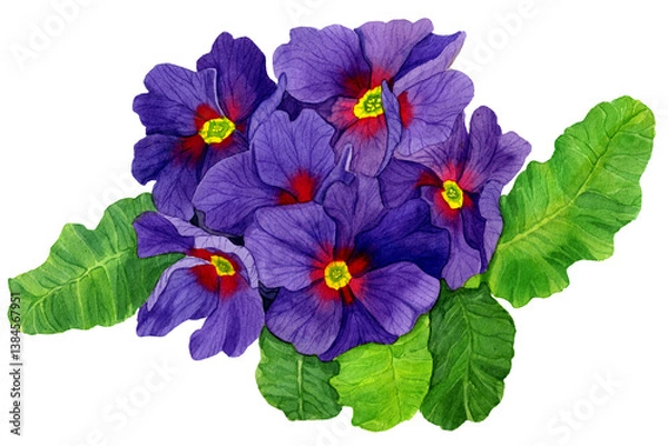 Fototapeta PNG Watercolor drawn Primrose, violet flowers and green leaves isolated. Botany Illustration of spring flower with purple petals and yellow core. Design for covers, packaging, fabric, season offer.