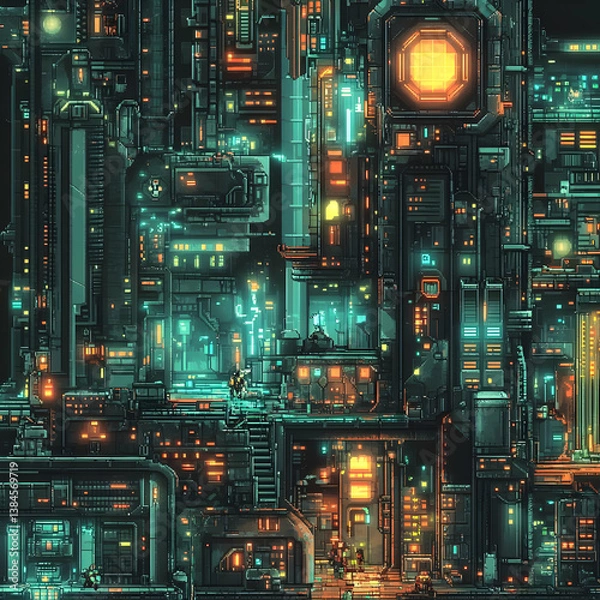 Obraz Detailed Pixel Art of Illuminated Cityscape with Complex Architecture Futuristic Structures and Vibrant Glowing Lights in a Dark Urban Setting