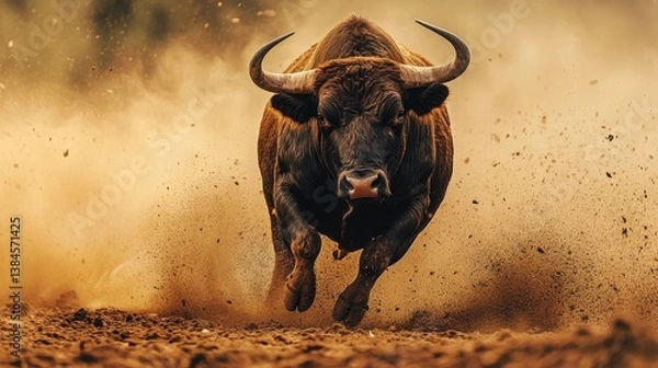 Fototapeta A powerful bull charges with speed and determination through the dust