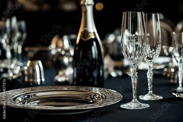 Obraz Minimal Silver Dining in Opulence/黒の中のシルバーな食卓
